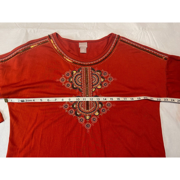 Chico's 2P (LP/12) Embroidered Burnt Orange Boho 3/4 Sleeve Shirt Sequins *Read - Picture 7 of 12